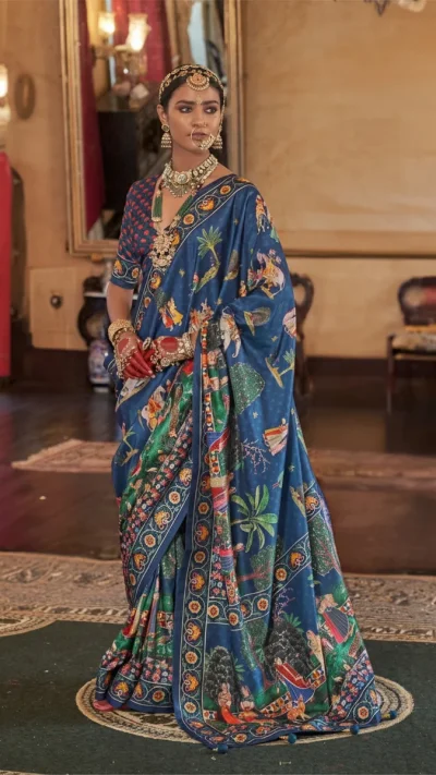 Blue Printed Silk Saree
