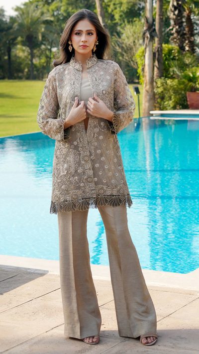 Champagne Gold Embroidered Organza Jacket & Bootcut Trouser Set by Rana Noman