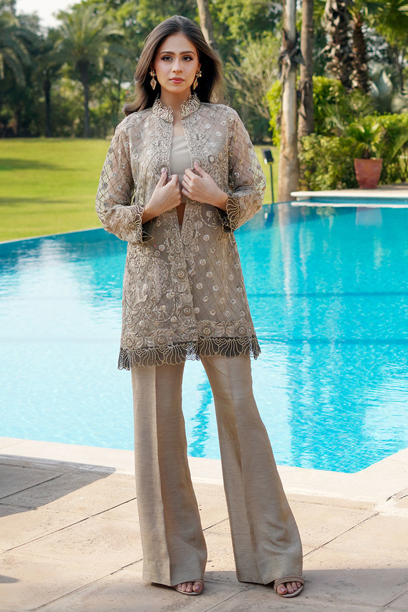 Champagne Gold Embroidered Organza Jacket & Bootcut Trouser Set by Rana Noman
