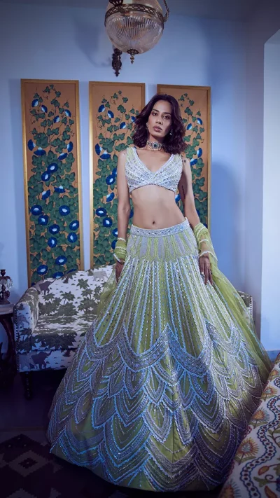 Key Lime Hand-Embellished Designer Lehenga Set by Mansi Malhotra