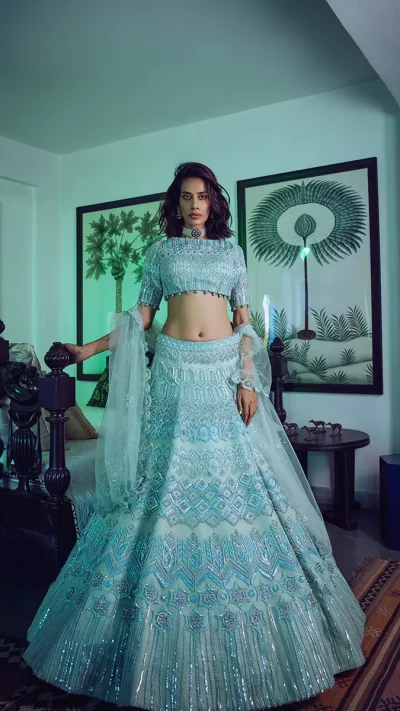 Seafoam Fresh Mint Hand-Embroidered Lehenga Set by Mansi Malhotra