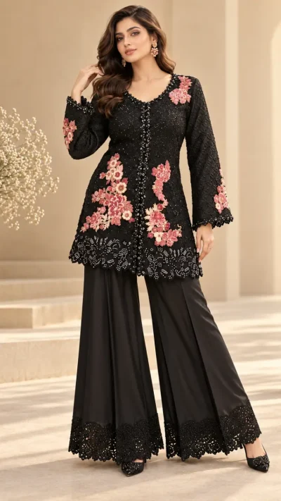 Black Floral Embroidered Sharara Set by Shamaeel Ansari