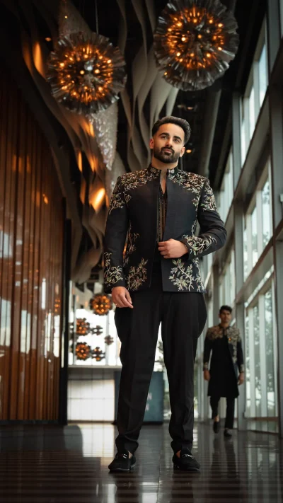 Black embroidered jacket with matching black trousers