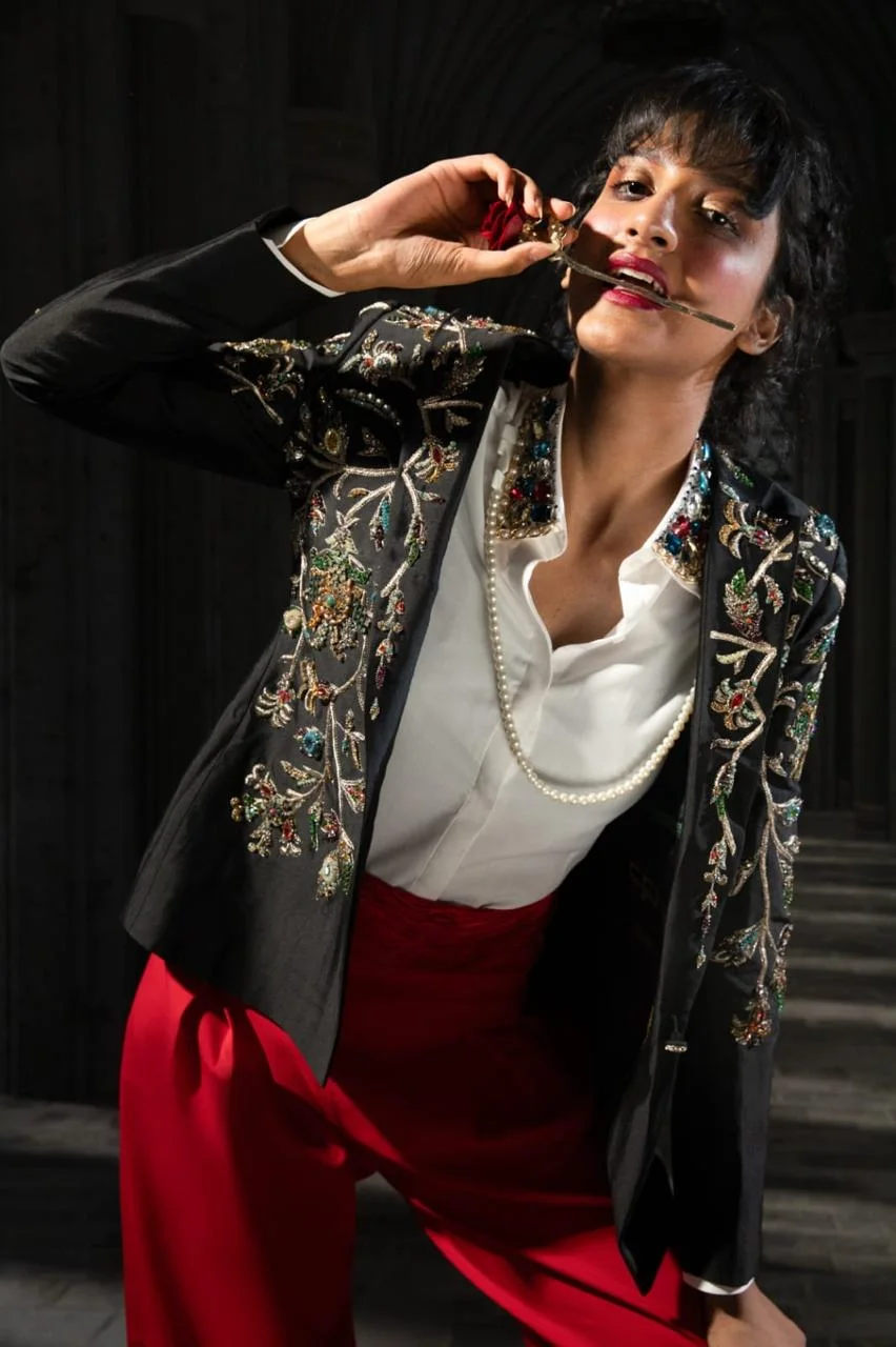Black floral embroidered cropped jacket