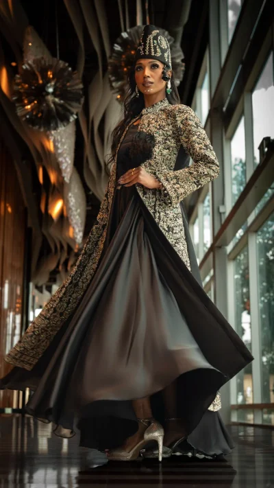 Black flowing gown with heavily embellished long jacket