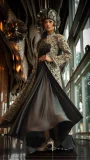 Black flowing gown with heavily embellished long jacket