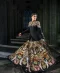 Black jacket with vibrant multicoloured floral embroidery and printed flared skirt