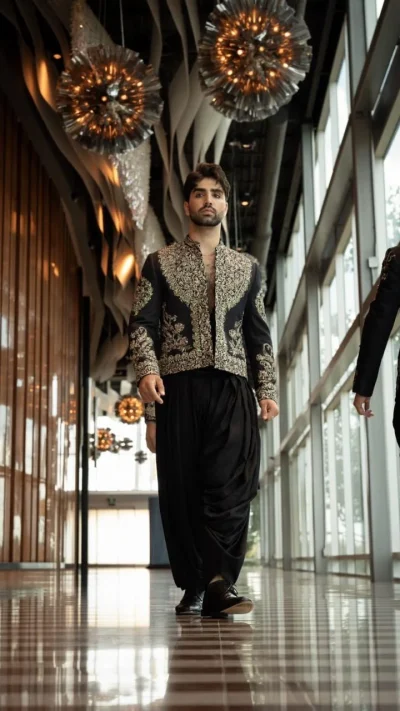 Black men's embroidered short jacket with draped trousers