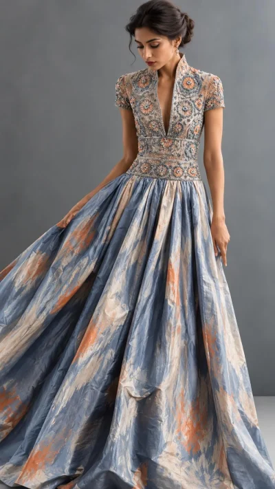 Dusty blue gown with champagne and peach abstract print