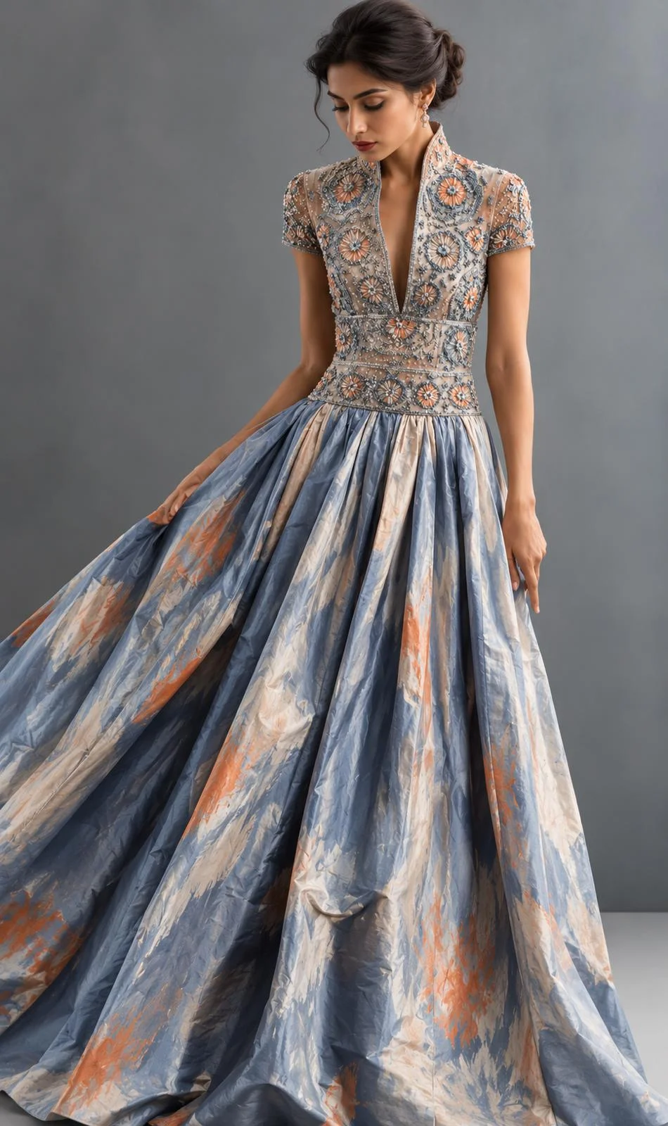 Dusty blue gown with champagne and peach abstract print