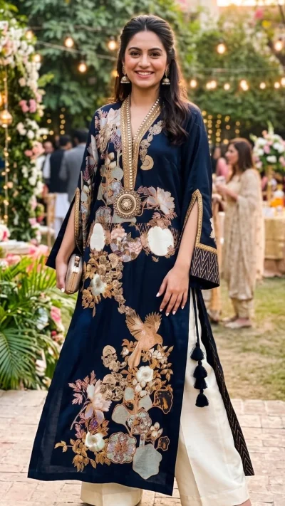 Navy Blue Floral Embroidered Kurta Set by Shamaeel Ansari