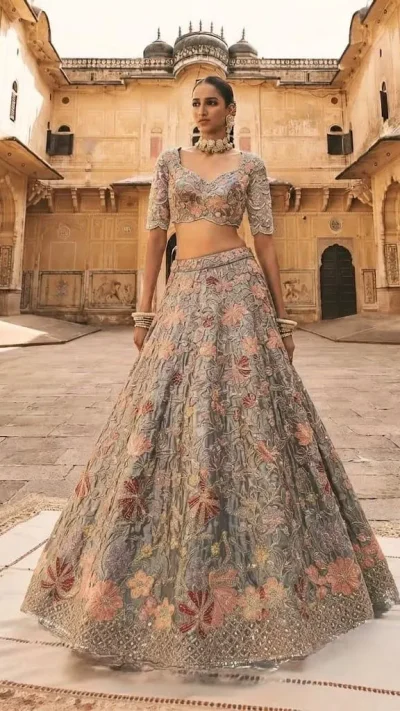 Pastel grey lehenga with multicoloured floral embroidery