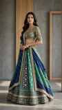 Royal blue and teal lehenga with detailed gold embellishments