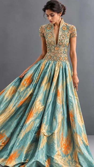 Soft aqua-blue and gold printed gown with floral embroidered bodice