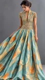 Soft aqua-blue and gold printed gown with floral embroidered bodice