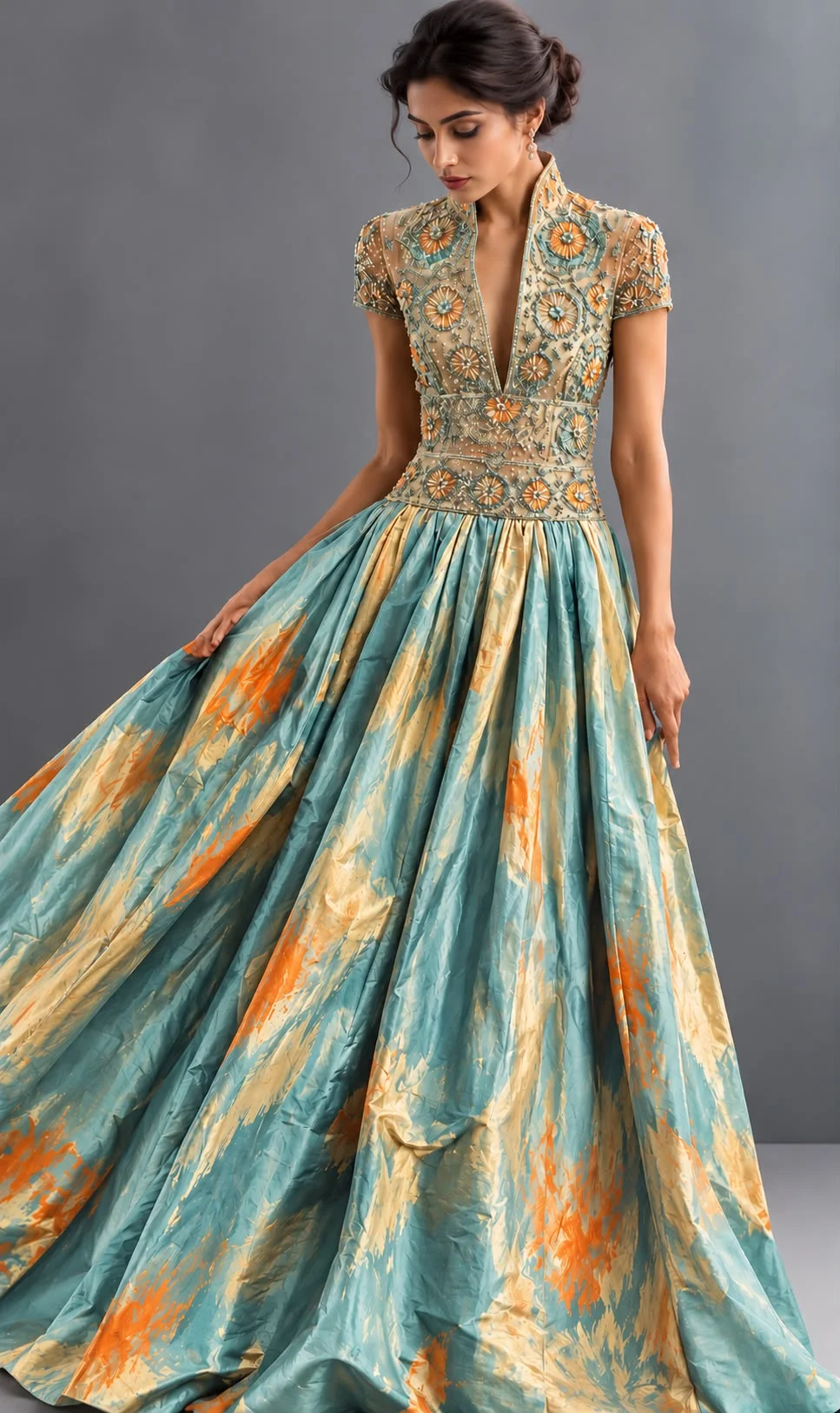 Soft aqua-blue and gold printed gown with floral embroidered bodice