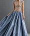 Solid dusty slate-blue gown with intricately embroidered bodice