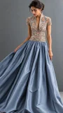 Solid dusty slate-blue gown with intricately embroidered bodice