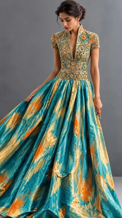 Turquoise, gold and orange printed gown with embroidered bodice