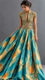 Turquoise, gold and orange printed gown with embroidered bodice